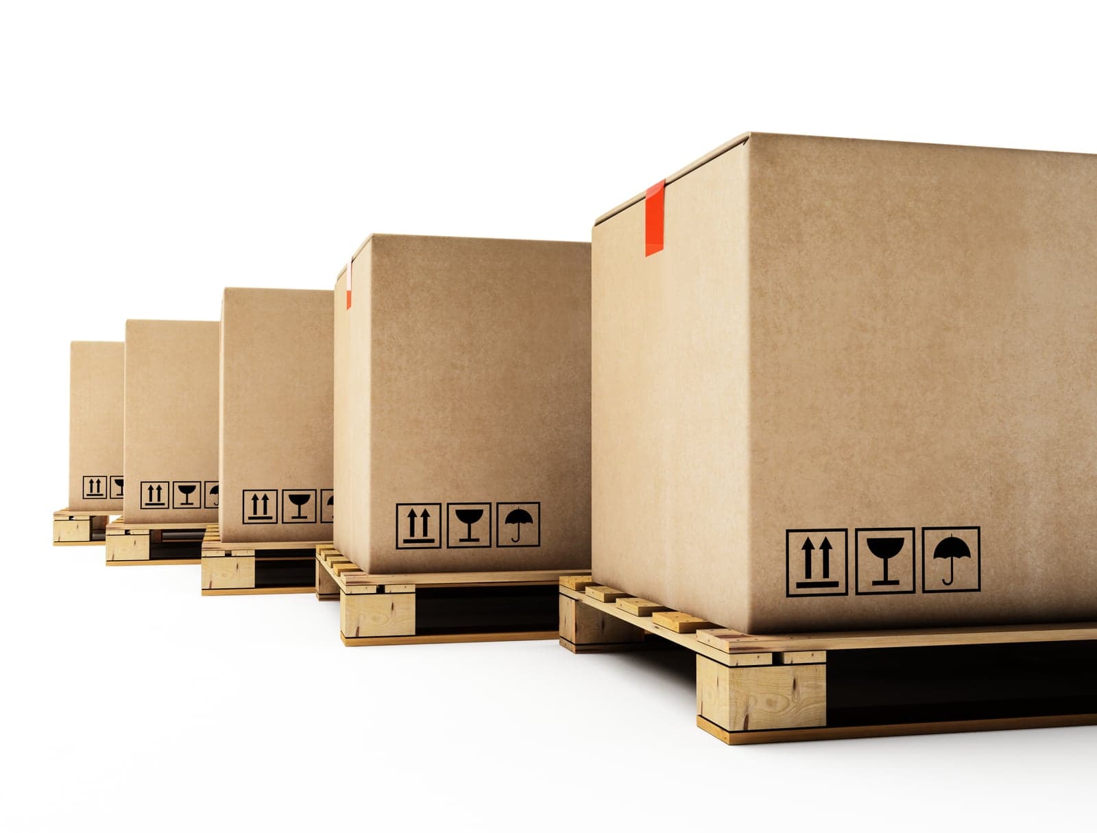 Cartons shrink-wrapped onto pallets, lined up ready for despatch