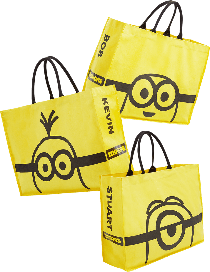 Three yellow Minions tote bags printed as Bob, Kevin and Stuart
