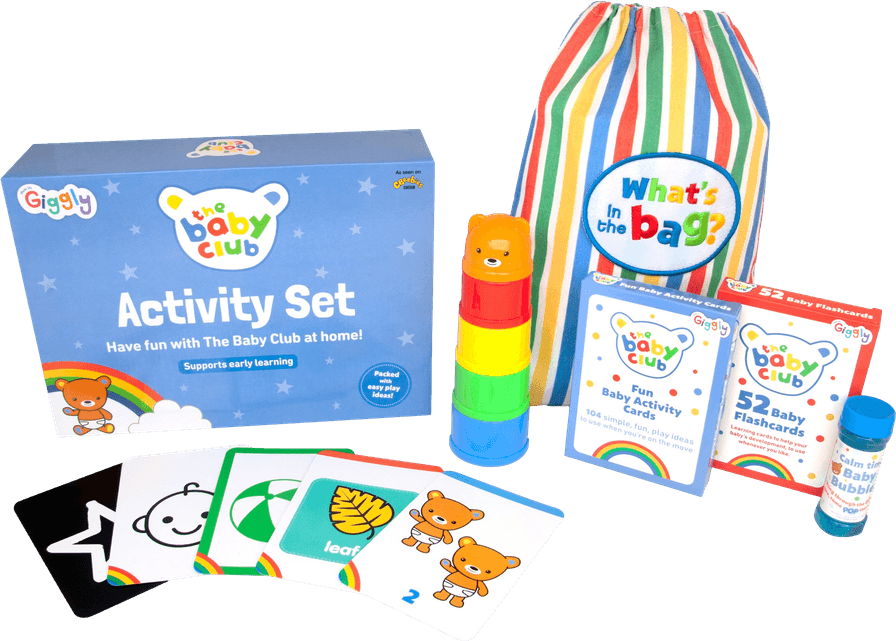 The Baby Club activity set: printed activity cards, stacking rings and a drawstring bag