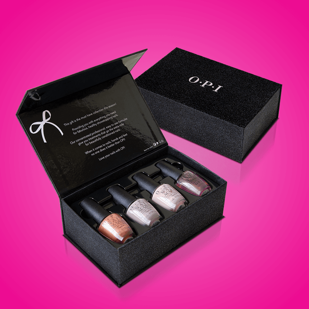 OPI branded presentation box containing nail care products, in black with a ribbon closure