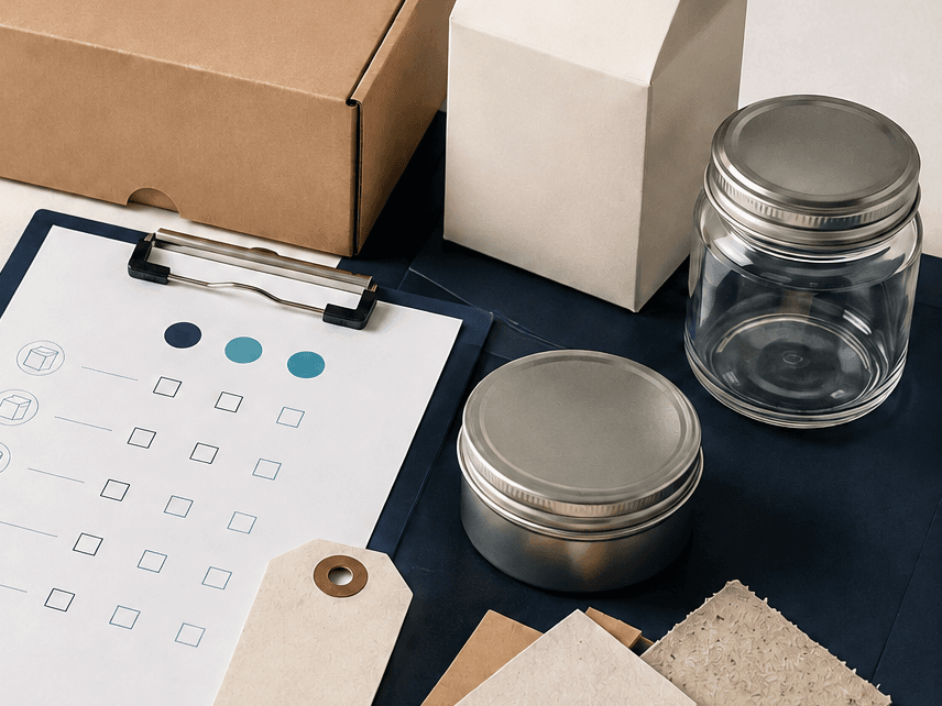 Artwork for the EU Packaging and Packaging Waste Regulation, PPWR, asking whether your packaging is ready: a kraft postal box, a carton, a glass jar, a metal tin, kraft tags and board samples arranged around a clipboard holding a packaging checklist