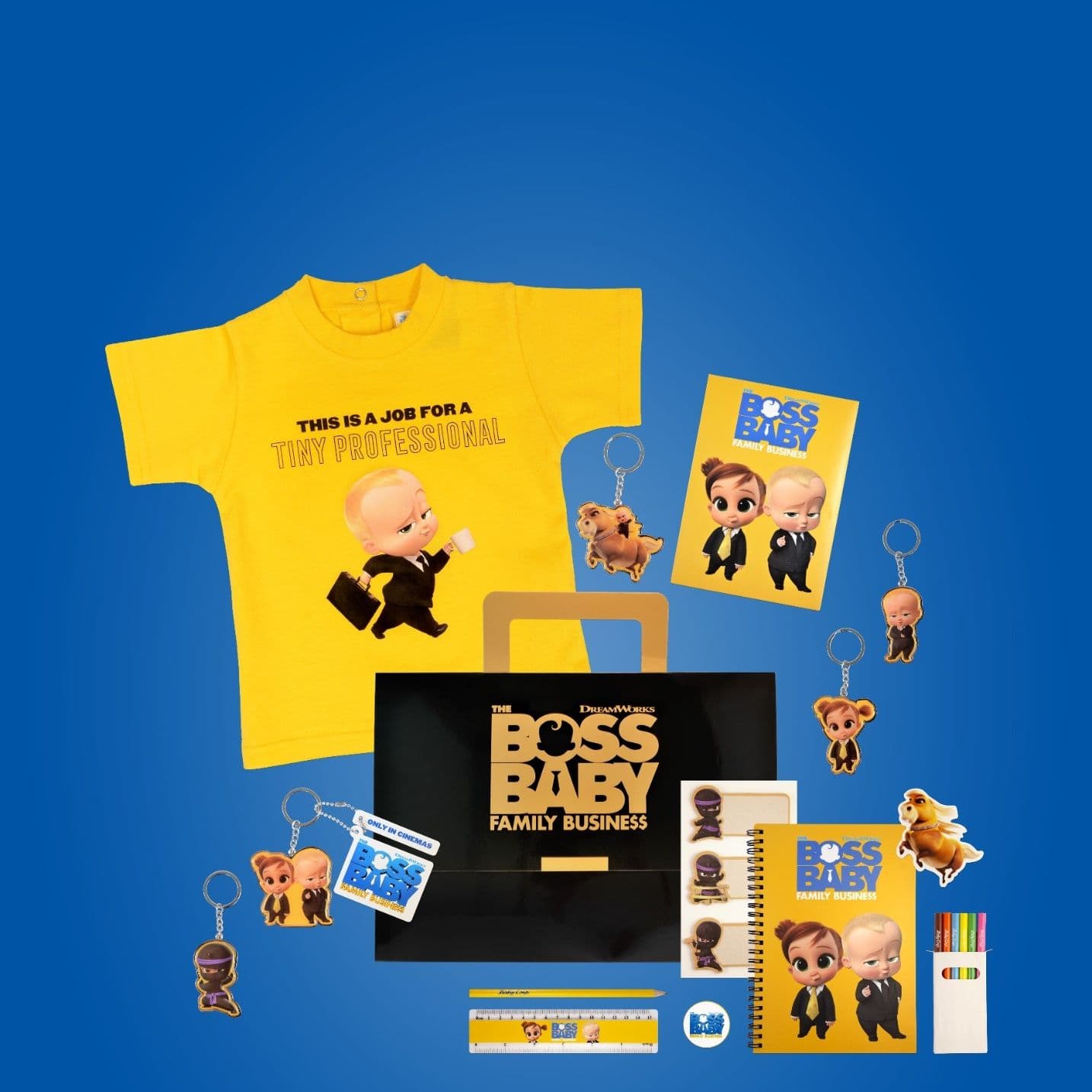 The Boss Baby: Family Business merchandise collection featuring a yellow T-shirt, branded bag, notebook, activity stationery and character keyrings on a blue background.