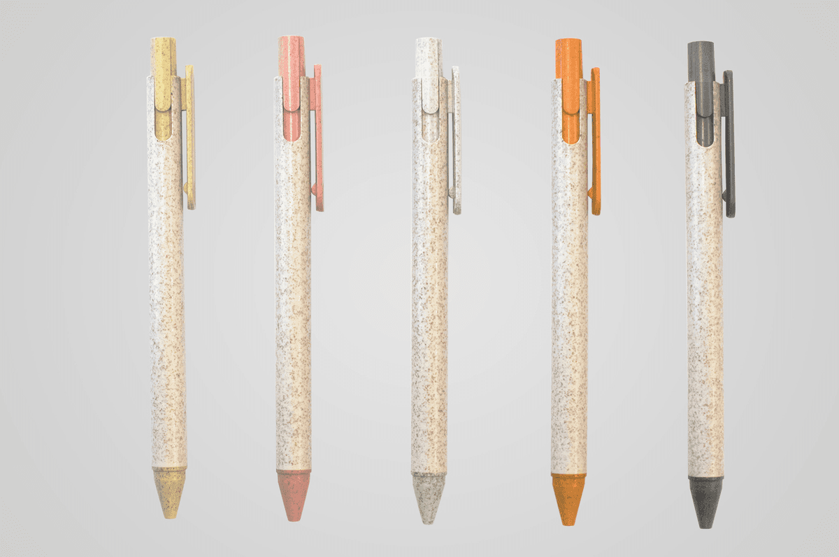 Range of pens made from recycled and plant-based materials in five colourways