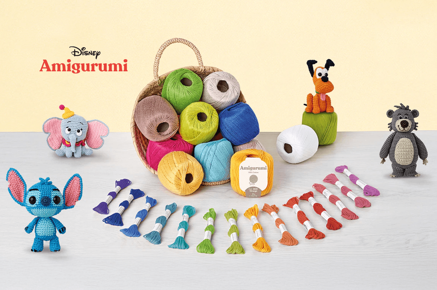Disney Amigurumi crochet collection: crocheted Stitch, Dumbo, Pluto and Baloo figures with cotton yarns and embroidery threads