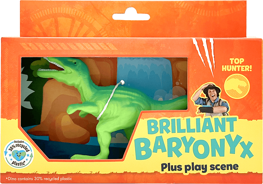 The Brilliant Baryonyx covermount in its card box, labelled as containing 30 per cent recycled plastic
