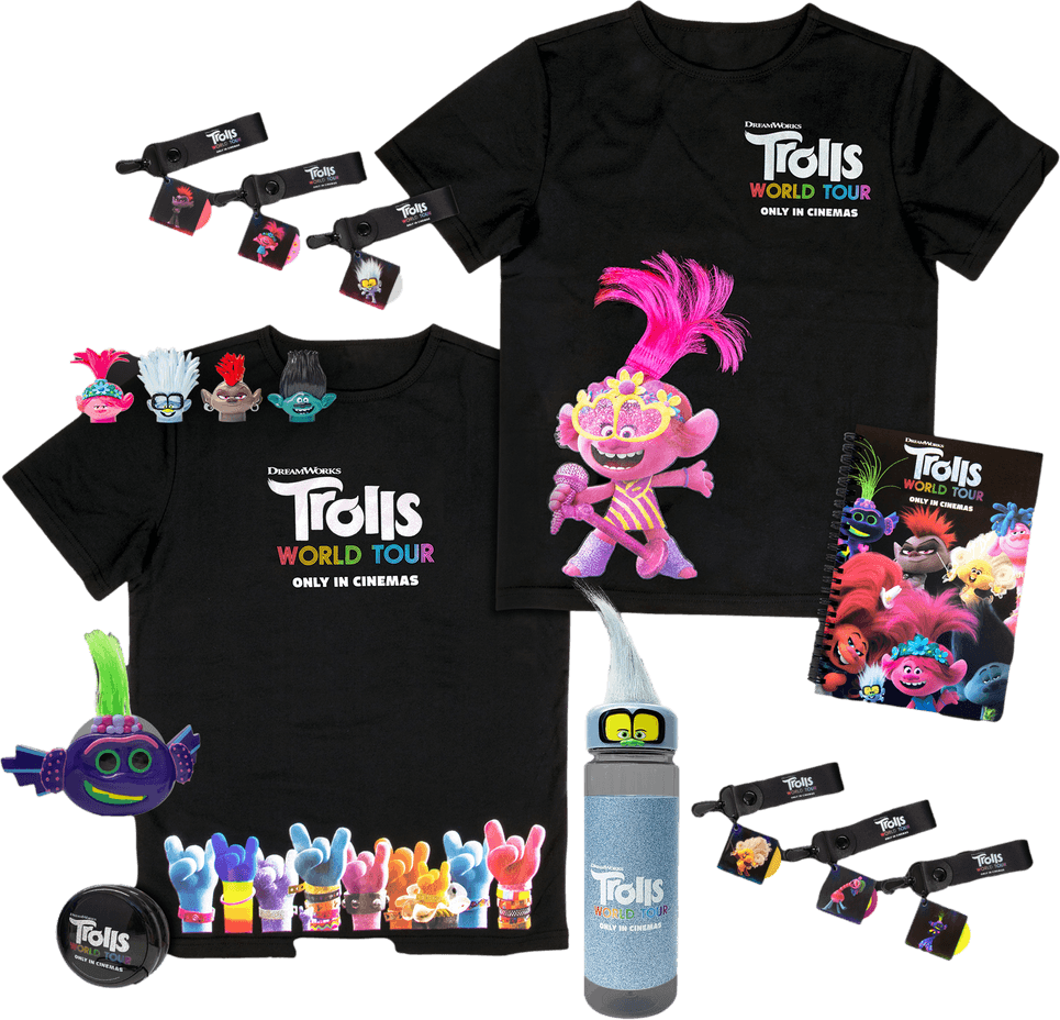 Trolls World Tour range: printed t-shirts, character figures, a water bottle and enamel pin badges