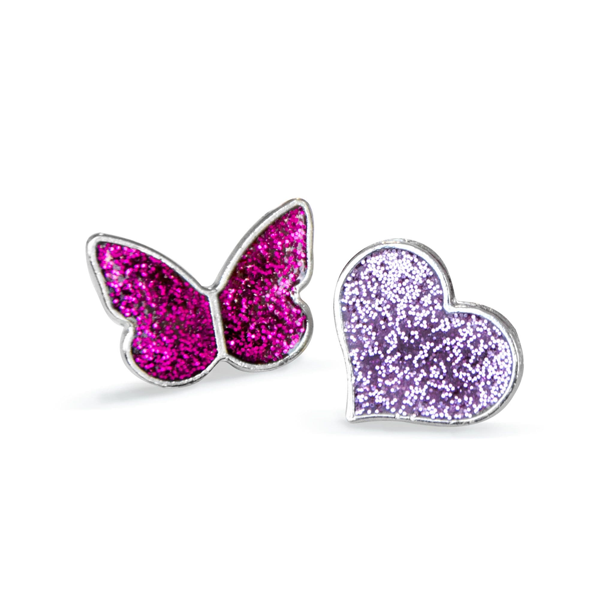 Pink glitter butterfly and silver glitter heart pin badges shown individually and attached to Breast Cancer Care information cards.