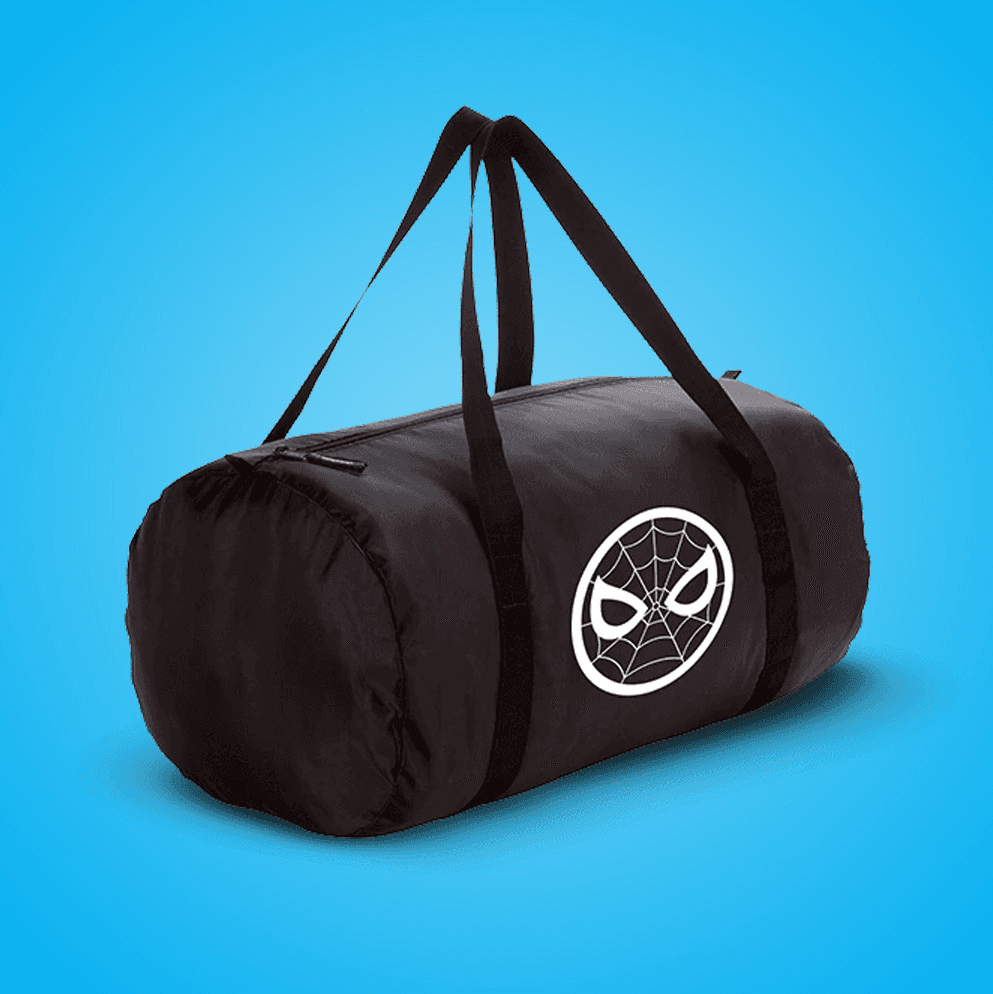 Black barrel holdall printed with a Spider-Man emblem