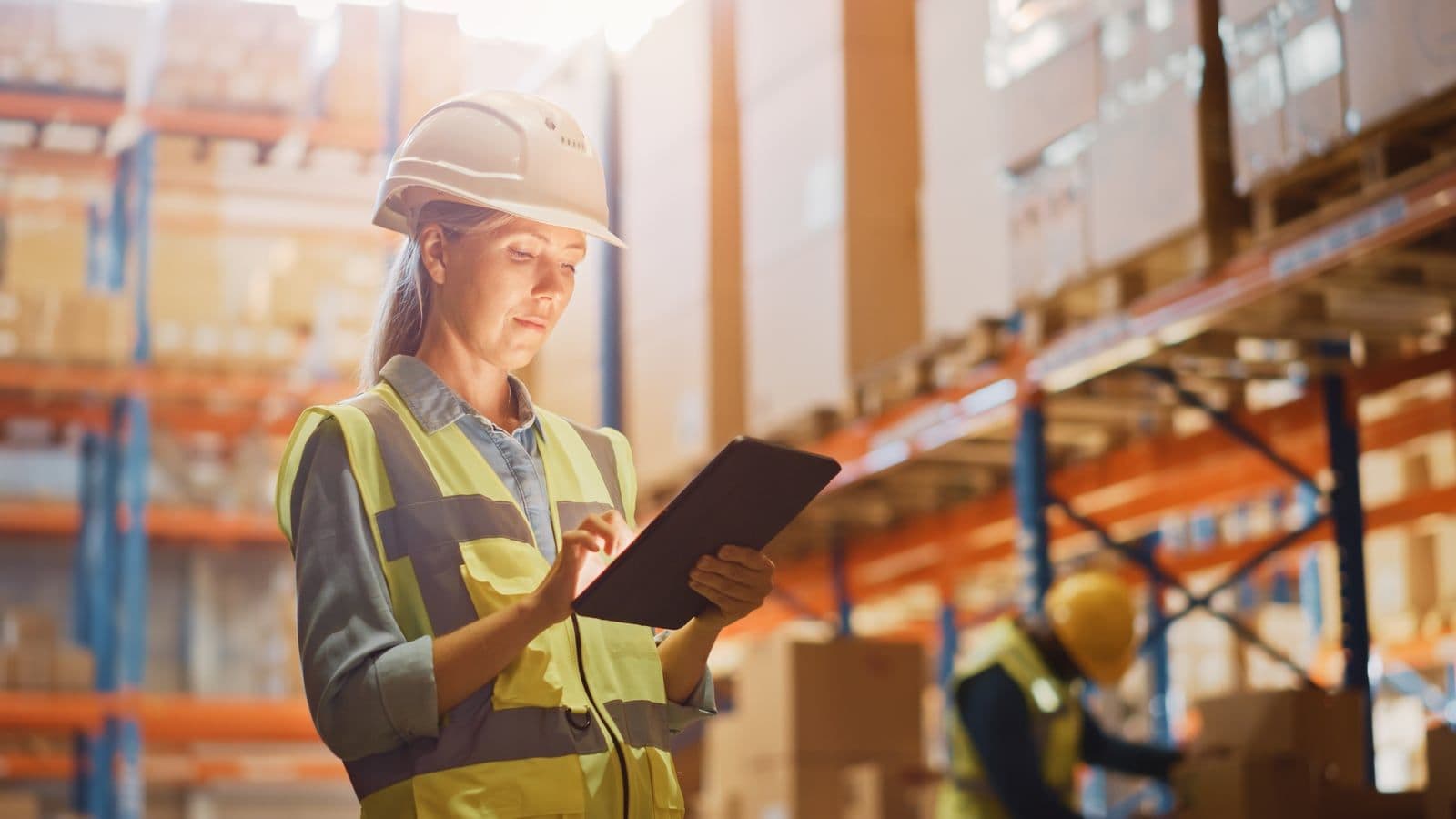 Warehouse operative checking stock against a tablet in a racking aisle