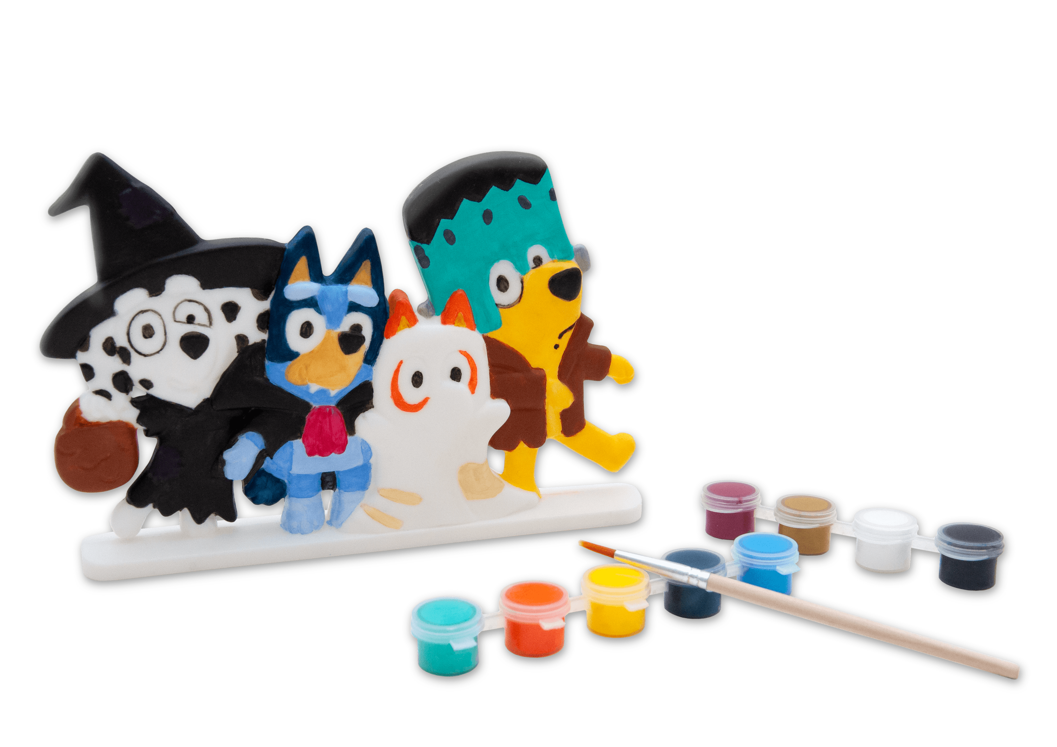 Painted Bluey and Bingo character figures displayed beside eight pots of blue, orange and yellow paint and an orange-handled paintbrush.