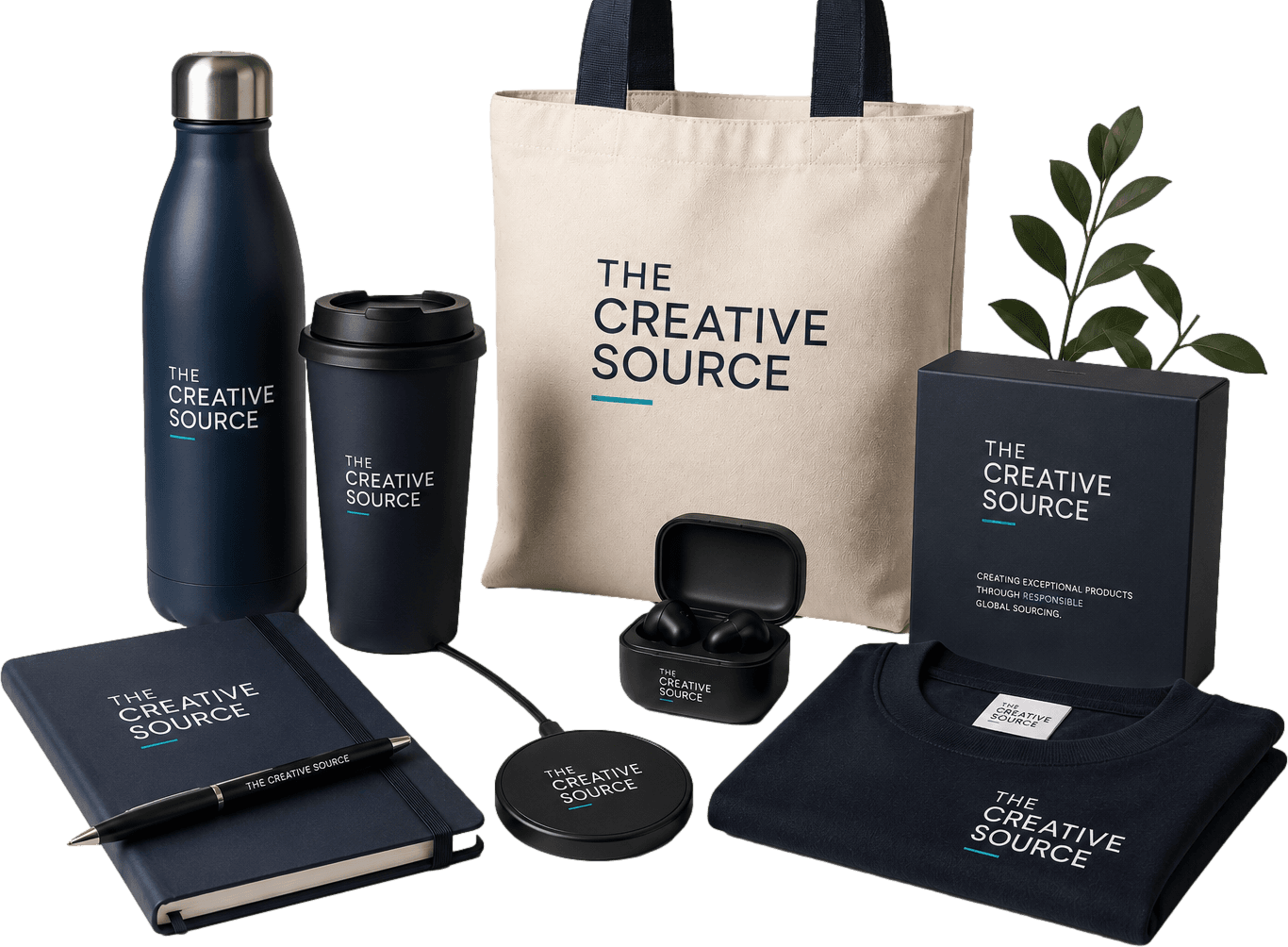 The Creative Source branded welcome pack range: bottle, travel cup, tote bag, notebook, earbuds, presentation box and folded t-shirt